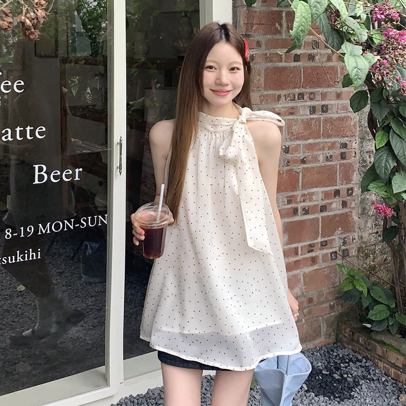 Foreign Trade Cross-Border New Chiffon Polka Dot Halterneck Camisole Women's Summer Sweet Loose Fashionable Sleeveless Off-Shoulder Top