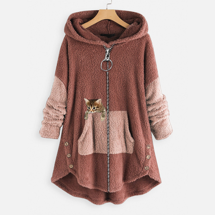 Japanese and Korean youth artistic women's fashion coat Korean style loose plush women's solid color hooded sweater cute women's casual