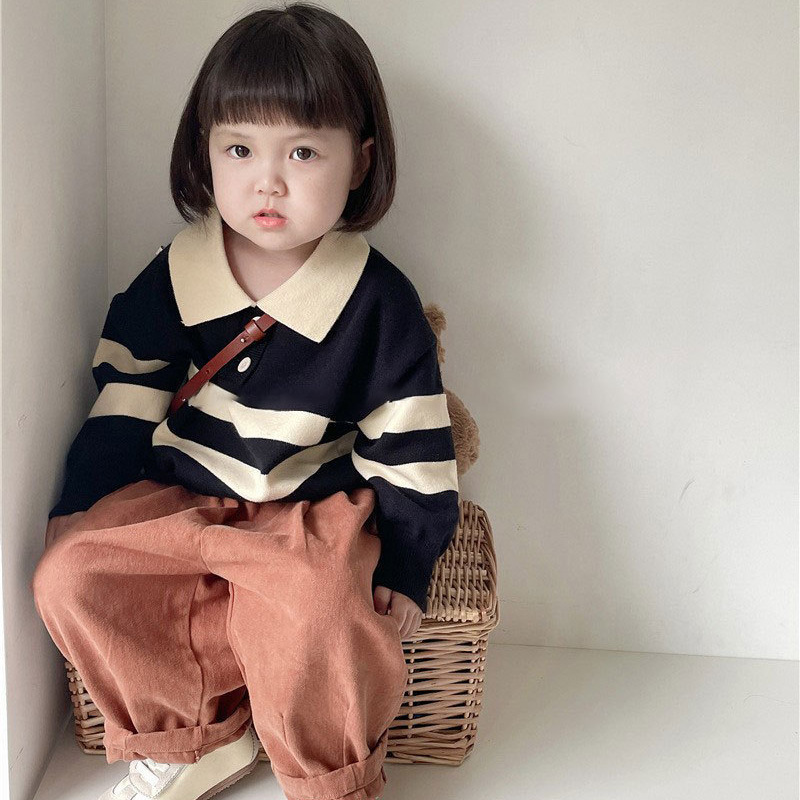 Picture of Spring and Autumn Children's Korean-style All-match Sweater Boys' and Girls' Baby Design Sense Casual Niche Striped Lapel Sweater Trendy
