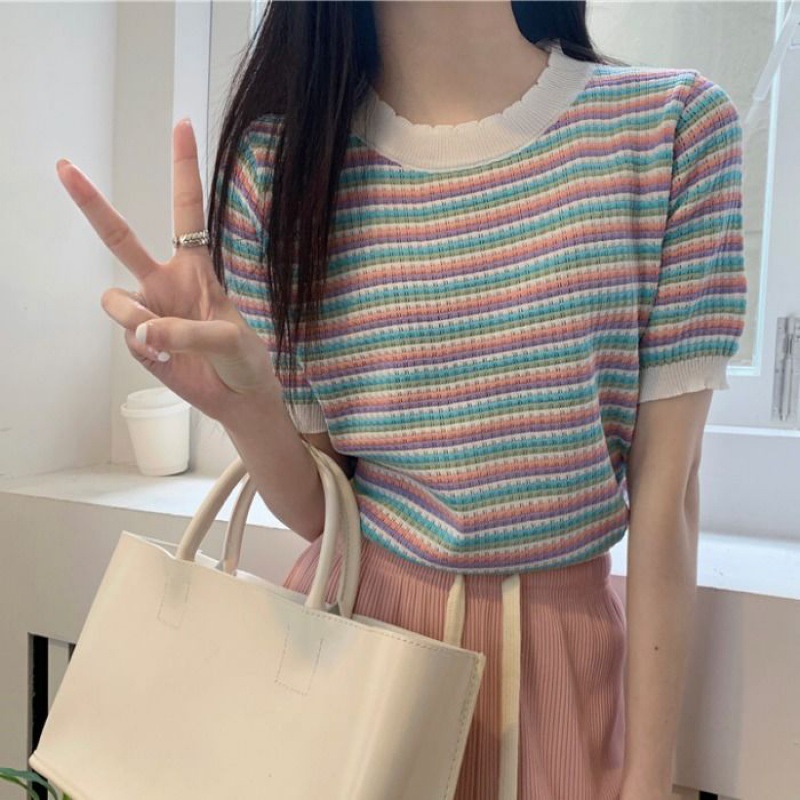 Striped knitted short-sleeved shirt for women trendy 2023 Summer new design wide loose shoulder clothes