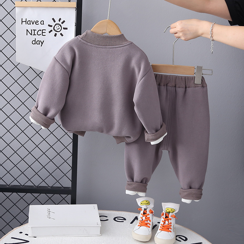 Picture of Baby Boys' winter thick fleece-lined round neck sweater suit children's warm cartoon long sleeve trousers two-piece set Wholesale