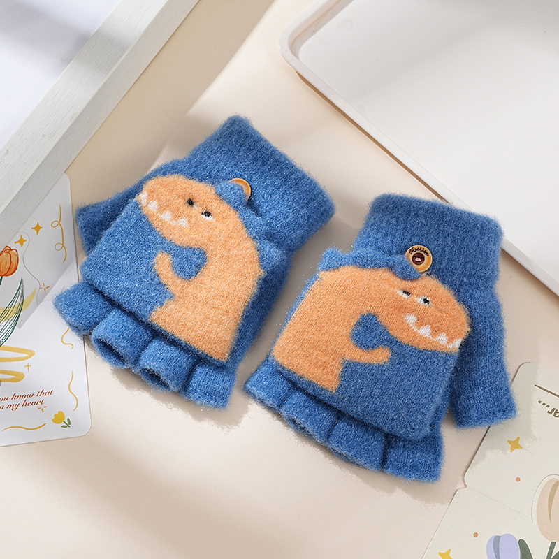 Picture of Children's flip gloves autumn and winter boys half finger warm cute Primary School students writing knitted dual-purpose gloves wholesale