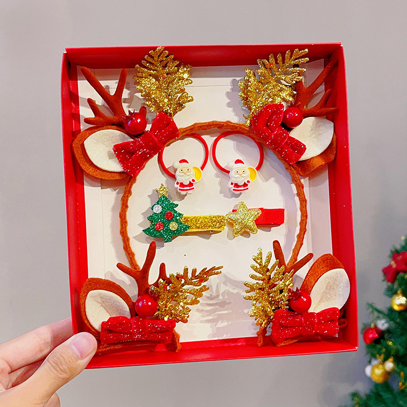 Picture of 2023 new children Girl Christmas headband hairpin suit combination cute antlers Christmas headband hairpin headdress