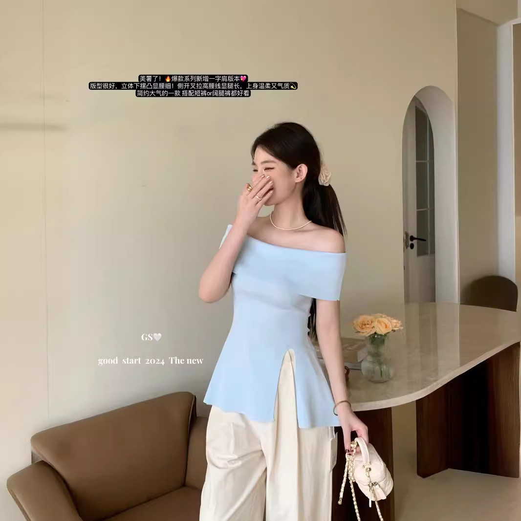 French One-Line Collar Sweater for Women 2024 Summer Pure Lust Style Slit Waist Slimming Look Top