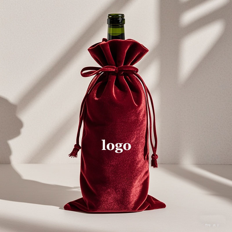 Velvet Bag Cup Sleeve Fabric Bag Manufacturer Wholesale Round Bottom Christmas Gift Red Wine Packaging Fabric Bag Flocking Process