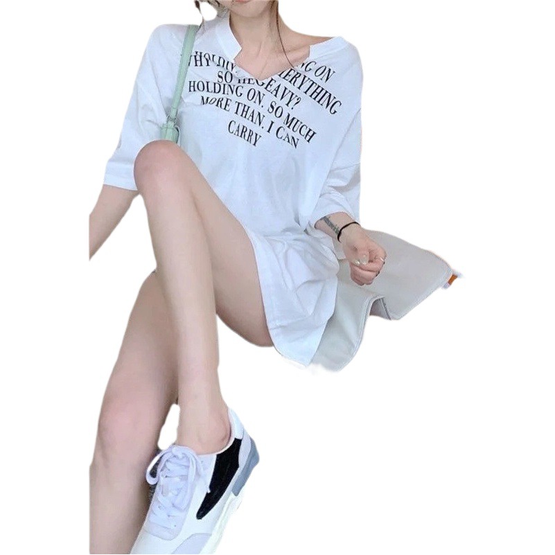 Cross-border large size women's summer new mid-length loose letter short sleeve T-shirt V-neck jacket tide fat mm200 kg
