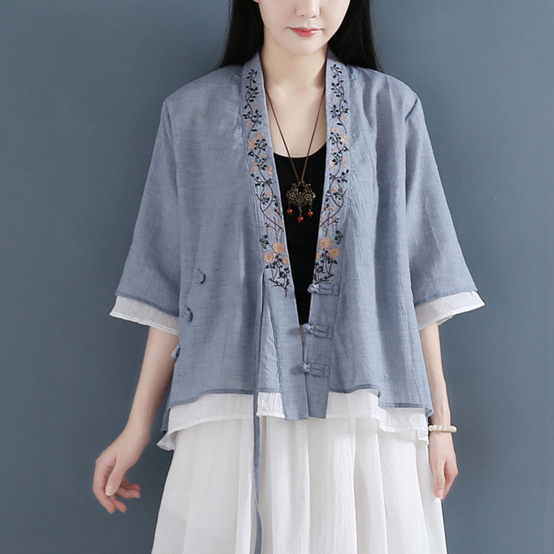Picture of Cotton and Linen Half Sleeve Shirt Women's 2024 Summer New V-Neck Embroidered Artistic Complex Elegant Middle Sleeve Cardigan Shirt