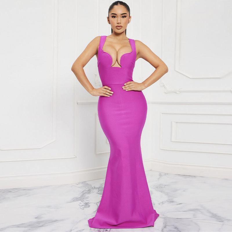 Amazon AliExpress Foreign Trade Cross-border Rose Red Sling V-Neck Sexy Socialite Bandage Dress Evening Dress
