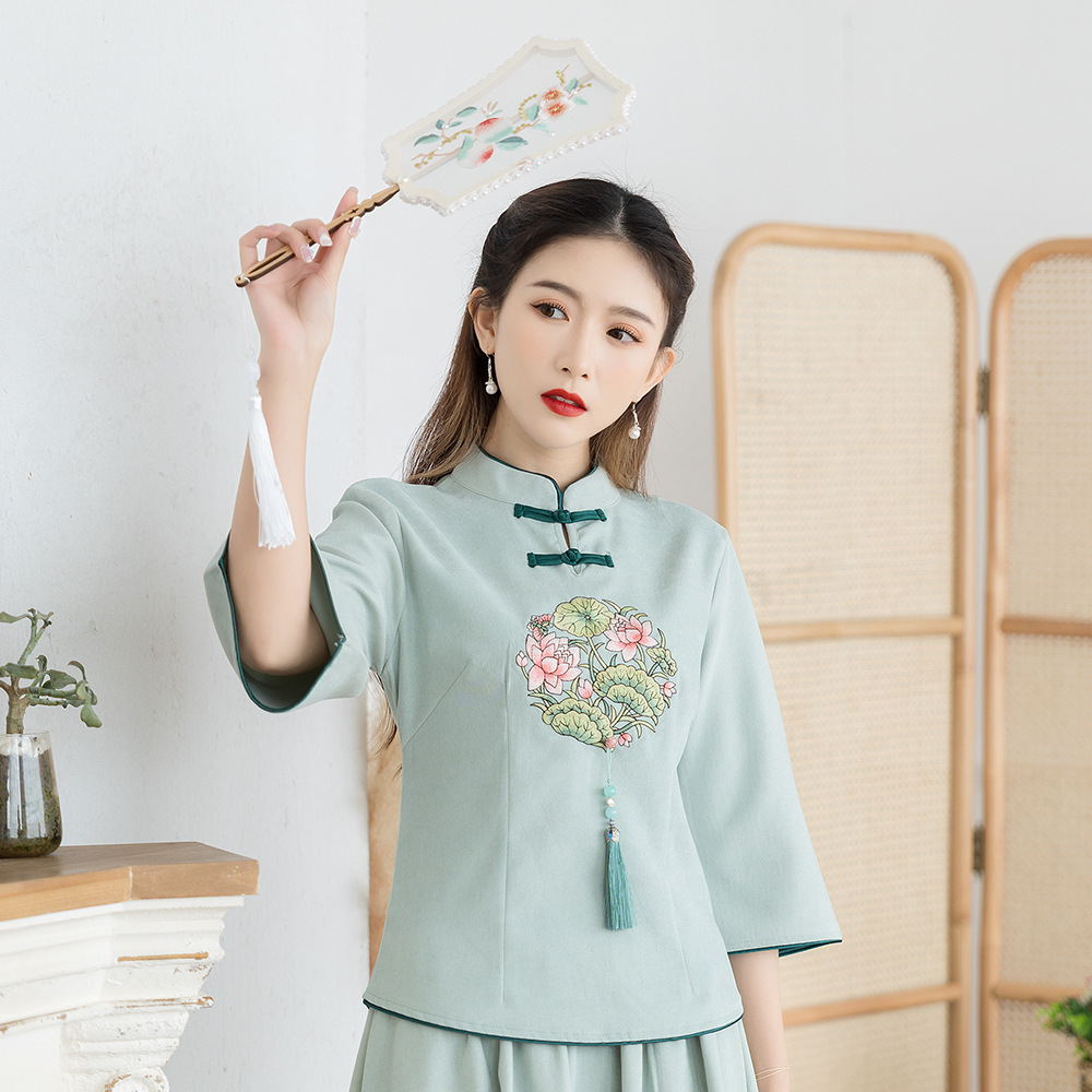 Picture of Republic of China Style Tang Suit Women's Clothing Improved Cheongsam Ear-picking Clothing Zen Style Young Tea Artist's Top Middle Sleeve suit Women