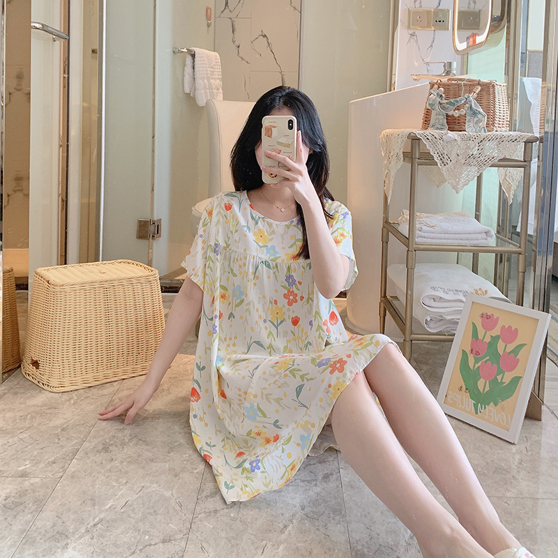Picture of Cotton Silk Nightgown Women's Spring and Autumn Summer Thin Pajamas Korean Sweet Girls Online Celebrant Live Explosions Home Outwear Skirt