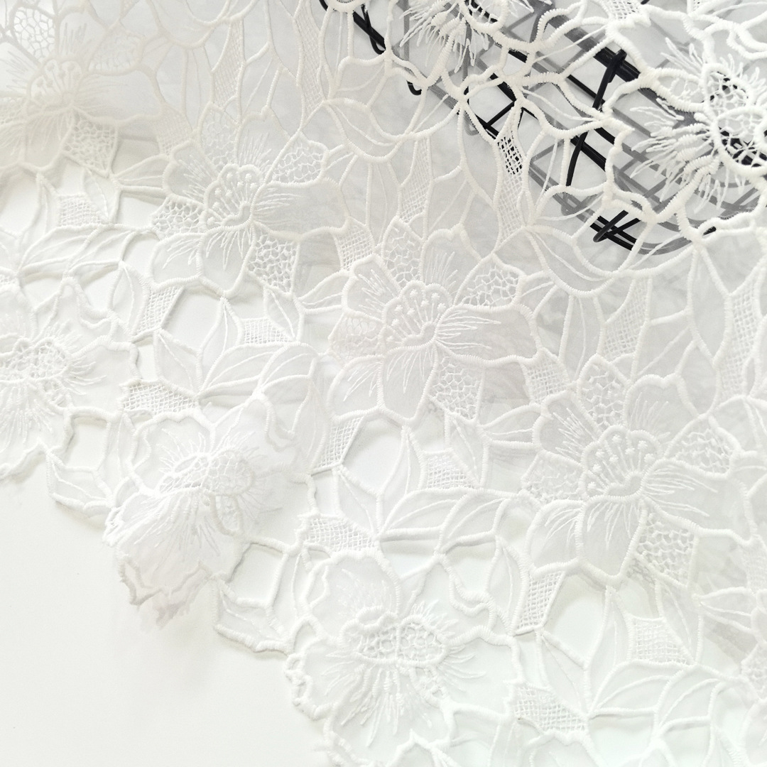2025 New French White Organza Milk Silk Laser Cut Out Embroider Lace Fabric Clothing Fabric Manufacturer