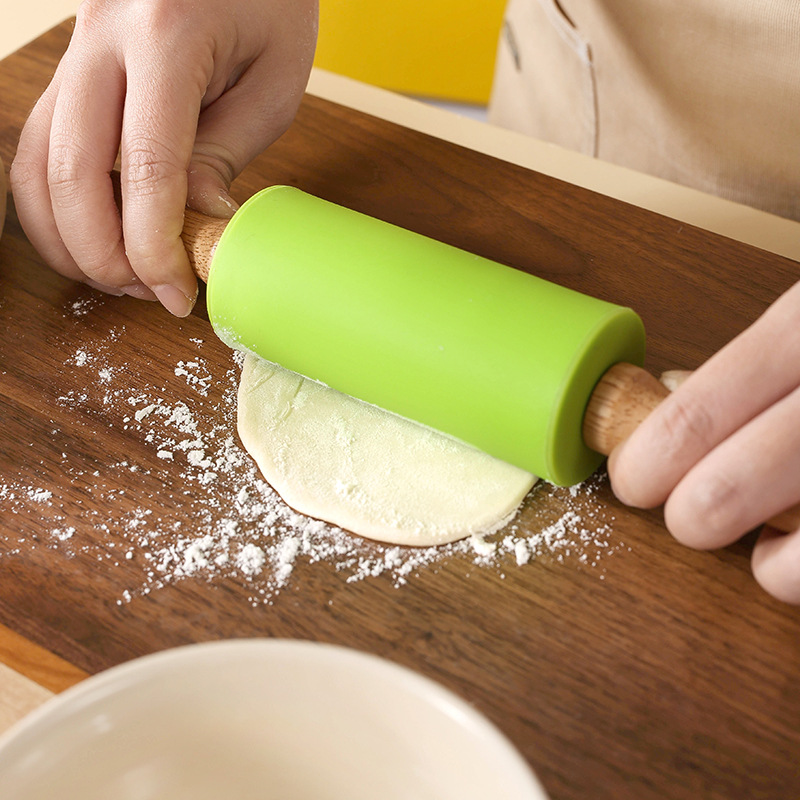 Picture of Silicone Rolling Pin Rotary Roller Rolling Pin Kitchen Wooden Handle Rolling Pin Dumpling Wafer Flour Fat Baking Utensils