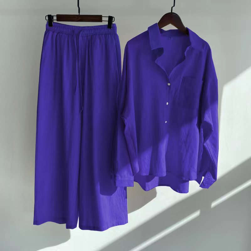 Picture of Cross-border Amazon Women's 2-piece Vintage Plus Size 2022 Cotton and Linen Shirt suit High Waist Loose Trousers