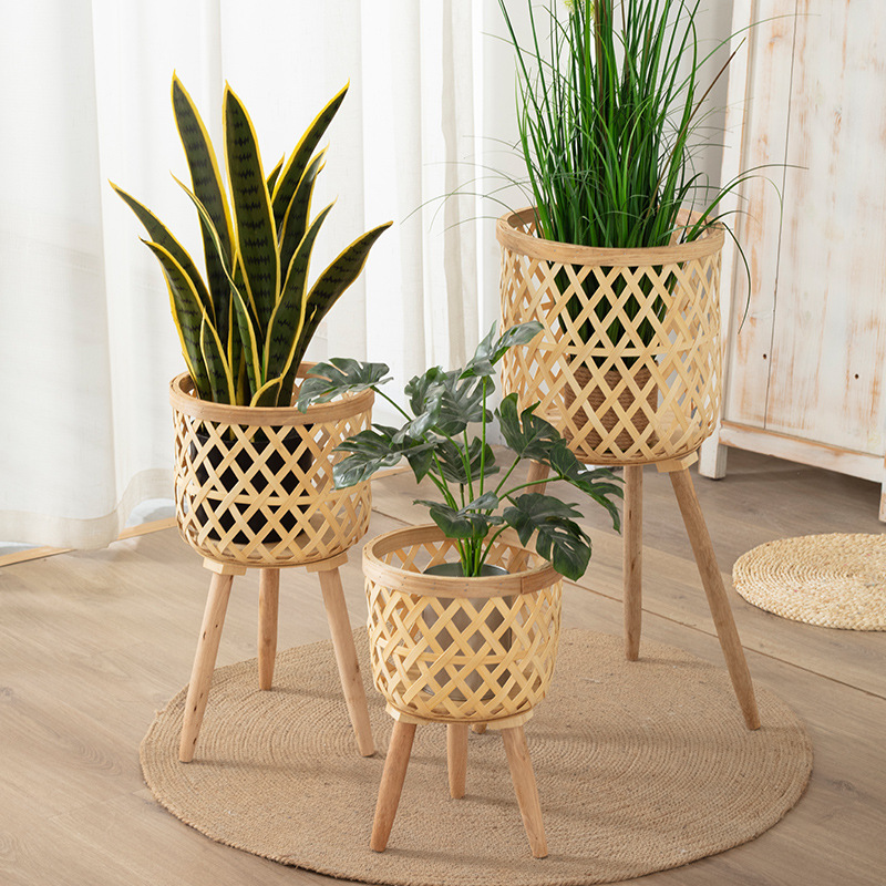 Nordic Flower Stand Living Room Plant Stand Flower Pot Stand Balcony Rattan Woven Basket Set Decoration Natural Color Small Wood