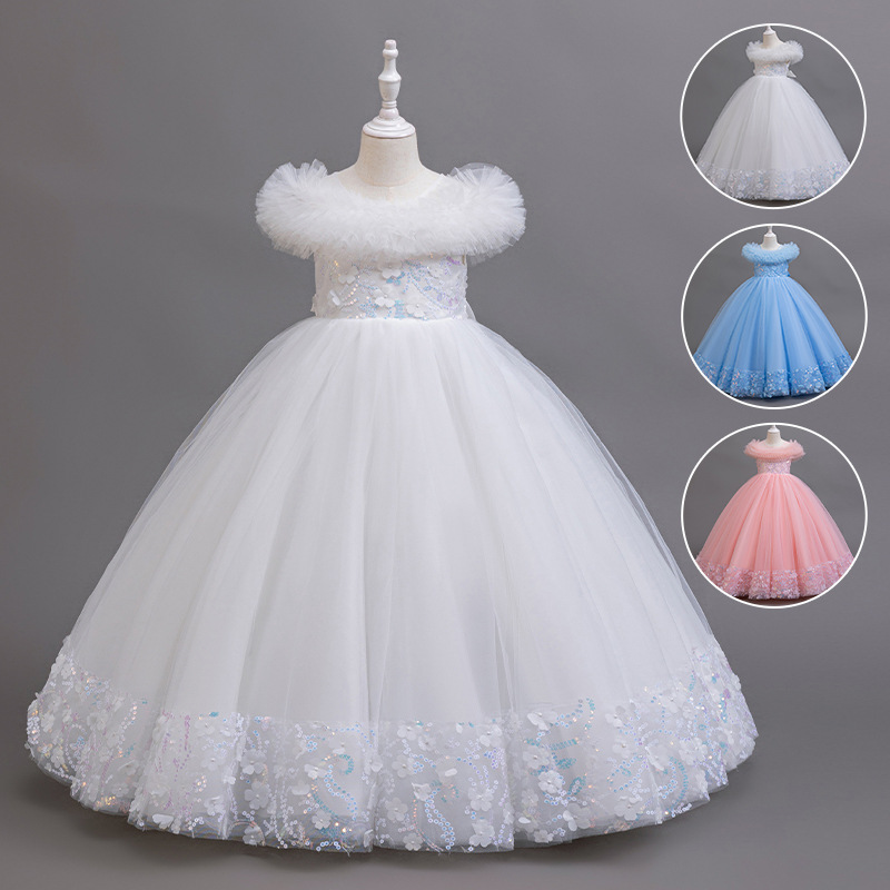 Girls' Cross-border Evening Dress Long Fluffy Mesh New Elegant Performance Clothing for Little Girls Show Princess Dress Europe and America
