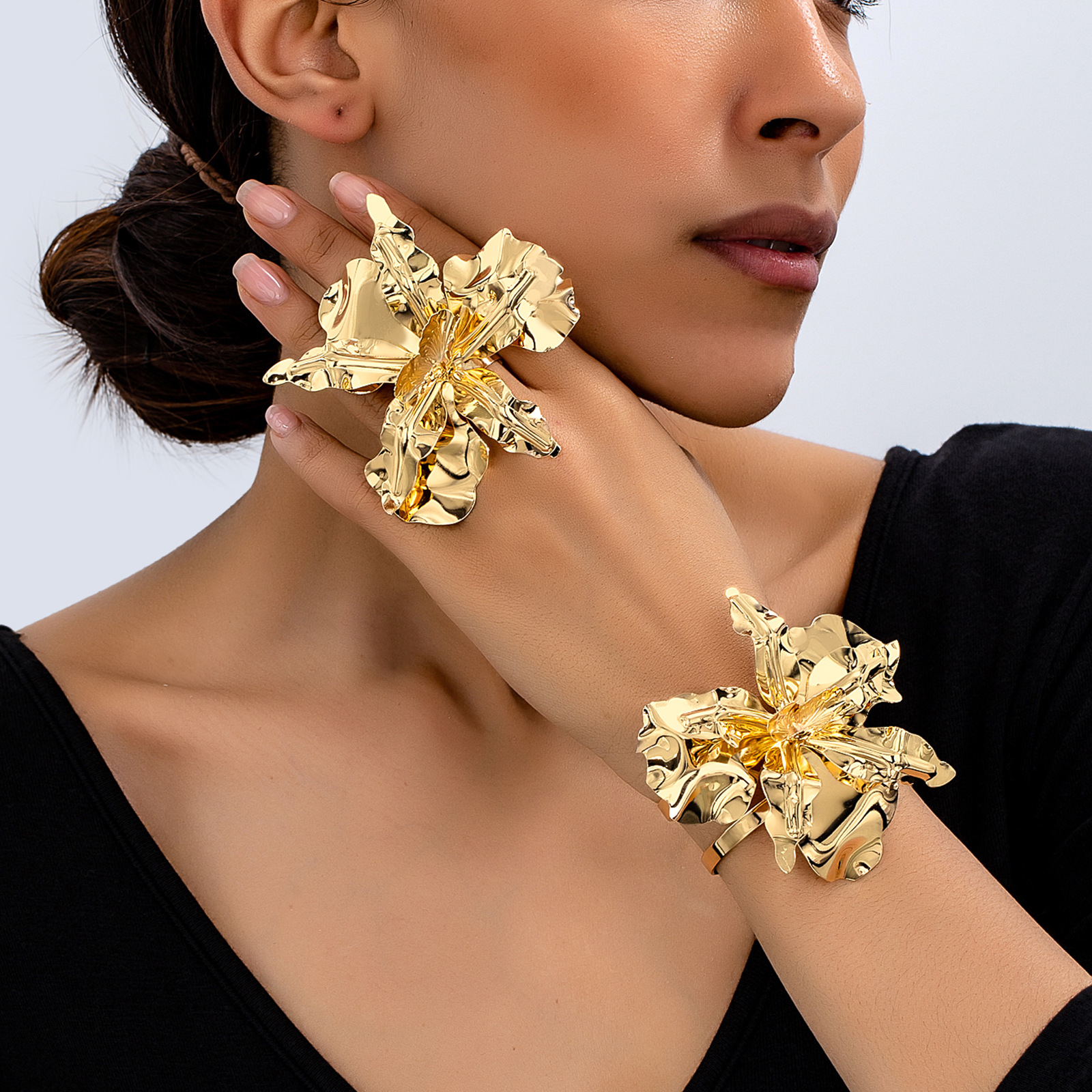 Cross-Border Hot Selling New Irregular Petal Open Ring Bracelet Set Women's Fashion Exaggerated Street Photography Flower Hand Ornaments