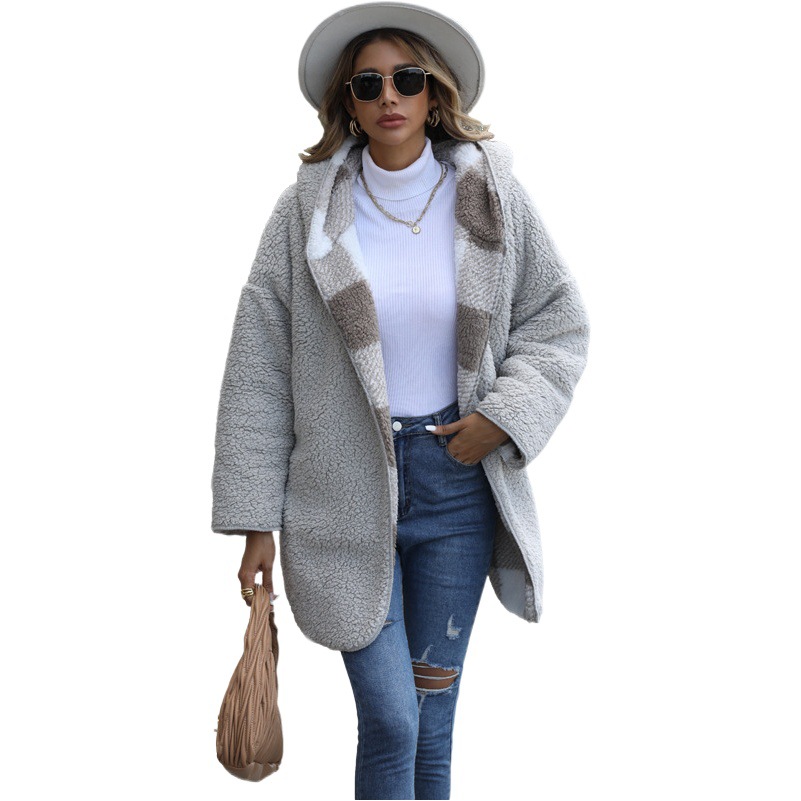 Picture of Flash Velvet European and American New Casual Plush Women's Hooded regular Long Sleeve Loose Plaid Bubble Velvet Coat