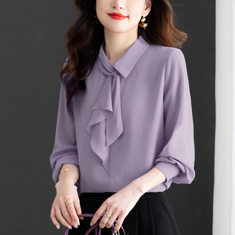 Green 1802 French Style Chiffon Shirt for Women 2025 Spring New Design Sense of Design Age-Reducing Ribbon Long-Sleeved Top