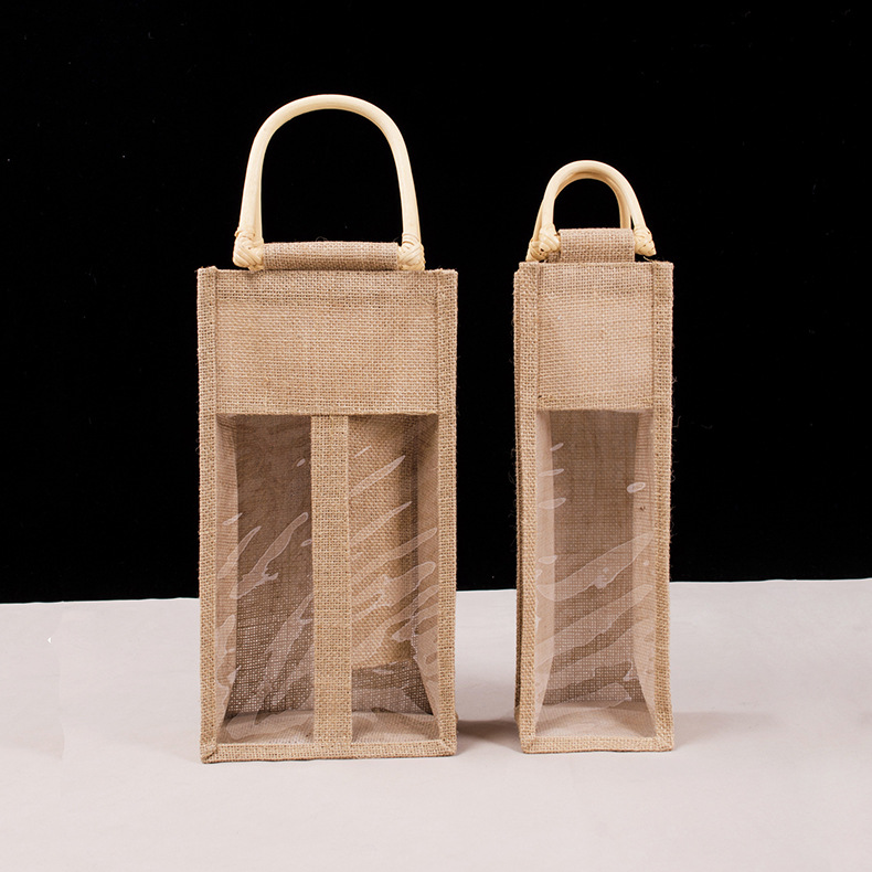 Vintage Artistic Transparent Film Visible Jute Bag Wholesale White Teng Jute Bag Red Wine Linen Packaging Bag