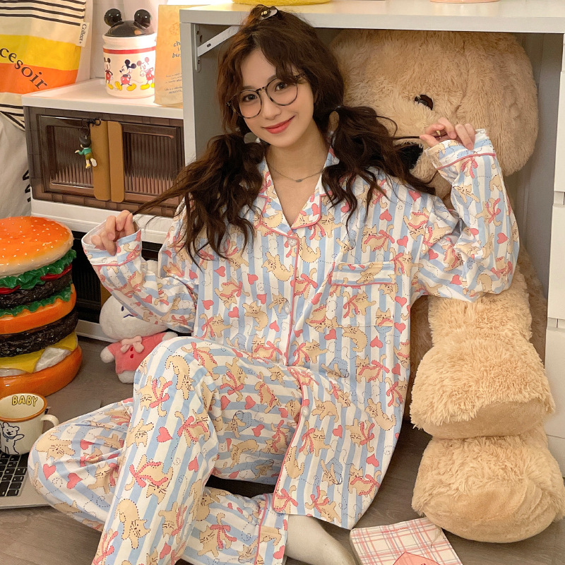 Picture of New Ins Pajamas for Women Simple Stripesd Internet Celebrity Long-Sleeved Cardigan Girl Korean Version Thin Home Wear Set Wholesale