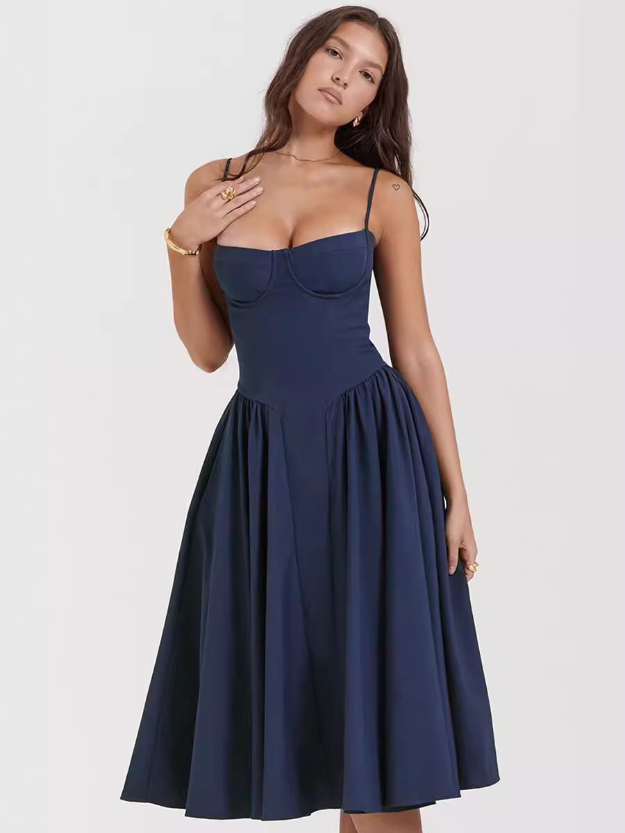 in stock 2024 Summer Niche Elegant Stitching Lazy Slip Skirt Solid Color Tight Waist Slimming Large Skirt dress