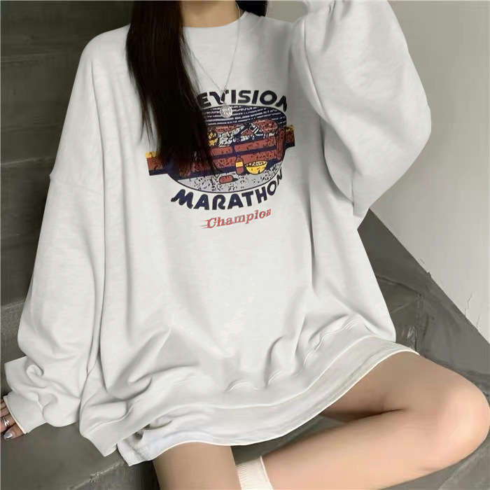 Picture of American Style Retro Printed Round Neck Sweater Women's Autumn Clothing Student Base Shirt Regular Casual Loose Top Thin Trendy