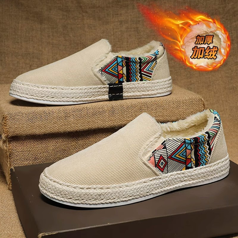 Corduroy Cloth Shoes Men's Autumn and Winter fleece-lined Thickened Warm Cotton Shoes Casual Slip-on Low-top Old Beijing Cloth Shoes for Men