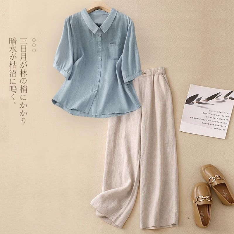 Casual Cotton and Linen Tops for Women, Summer Suits, Two-Piece Thin New Chinese Style Pants, New Loose Loose Straight Wide Legs