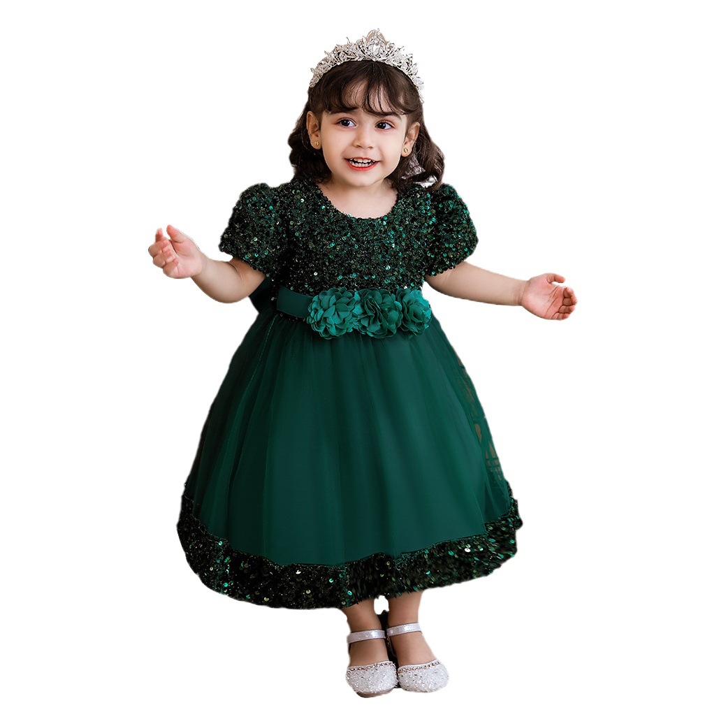 European and American New Flower Girl Dress Sequined Gauze Skirt Wedding Girl Birthday Dress Banquet One-Year-Old Baby Girl Princess Dress