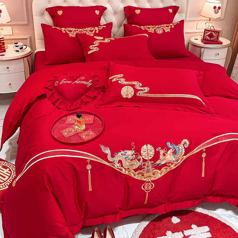 Picture of High-end Chinese Dragon and Phoenix Embroidery Fashion Wedding Four-piece Wedding Big Red Bed Sheet Quilt Cover Accompanying Bedding