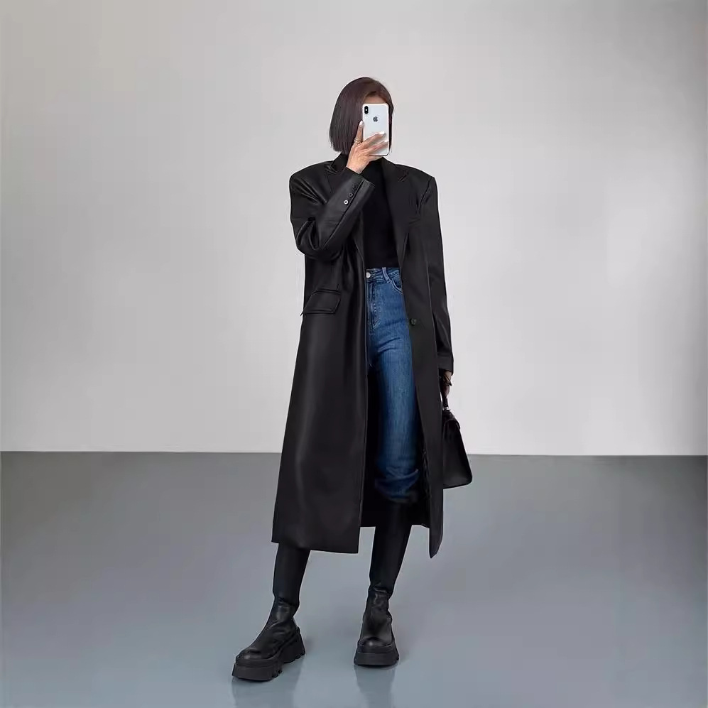 Picture of Long over-the-knee pu leather coat for women 2024 spring and autumn fashion all-matching loose slimming casual windbreaker fashion