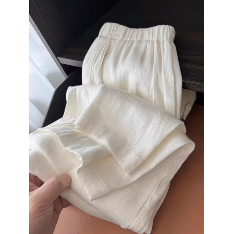 High-end white cotton and linen wide-leg pants women's summer thin loose slimming high-waisted drape straight linen slacks