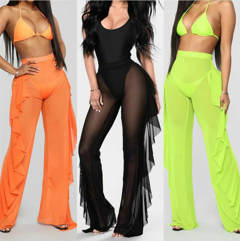 Ins European and American Cross-Border Ruffled Pure Color Casual Sexy Mesh Pants See-Through Women's Beach Vacation Pants