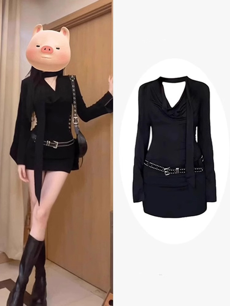 Dating Fishing Style Black Long-sleeved dress Women's Autumn New Design Sense Niche Slim-fit Slim-fit Sheath Short Skirt
