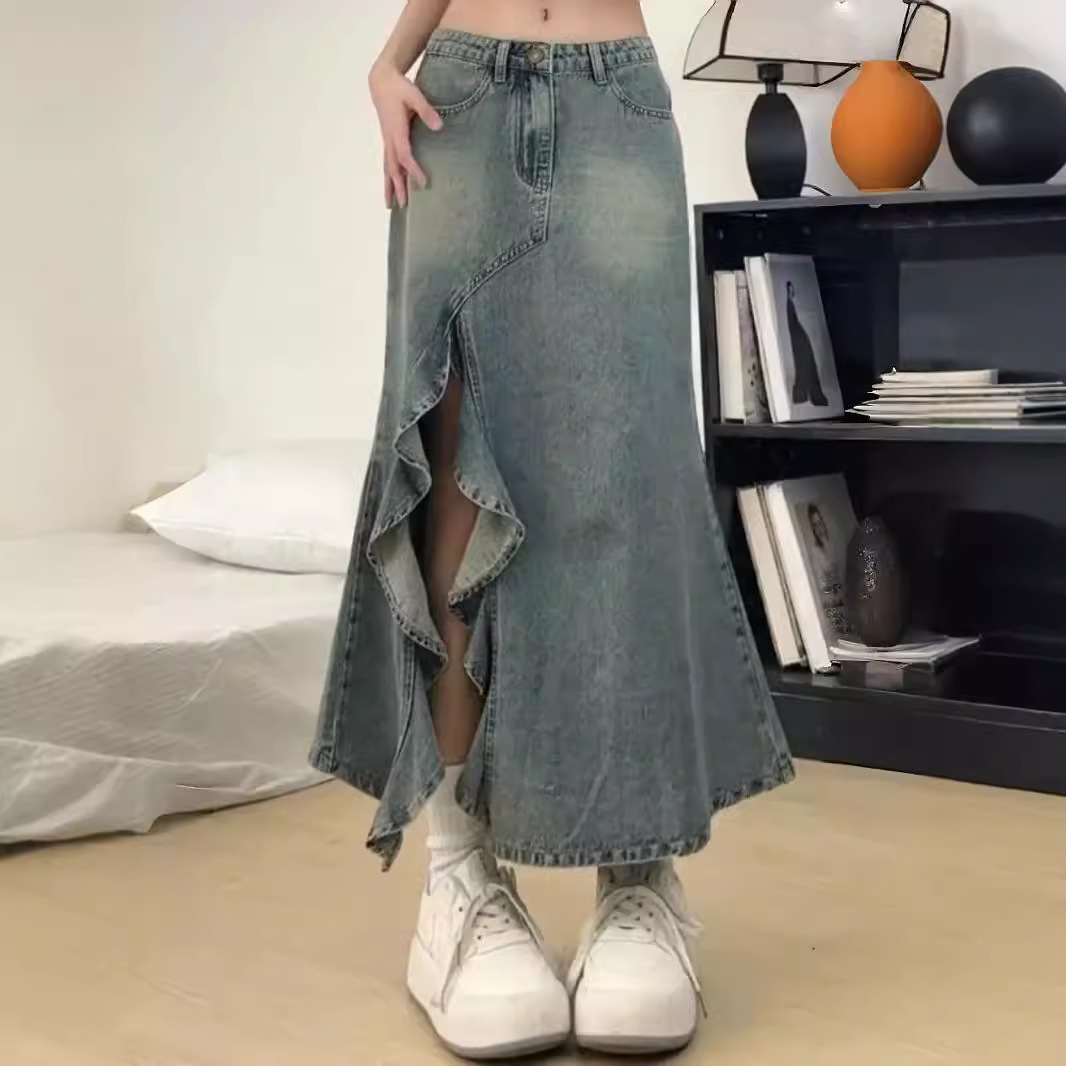 Ruffled Half-length Denim Split Skirt Women's Summer High Waist A- line Hip Fishtail Slimming Skirt Mid-length Skirt