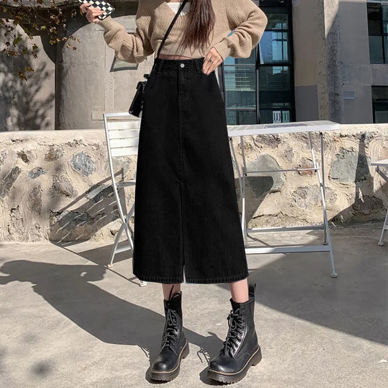 A-Line Slit Denim Skirt Black Mid-Length High-Waisted Slimming Look Versatile Loose Thick Legs Flesh-Covering Long Skirt Spring & Fall