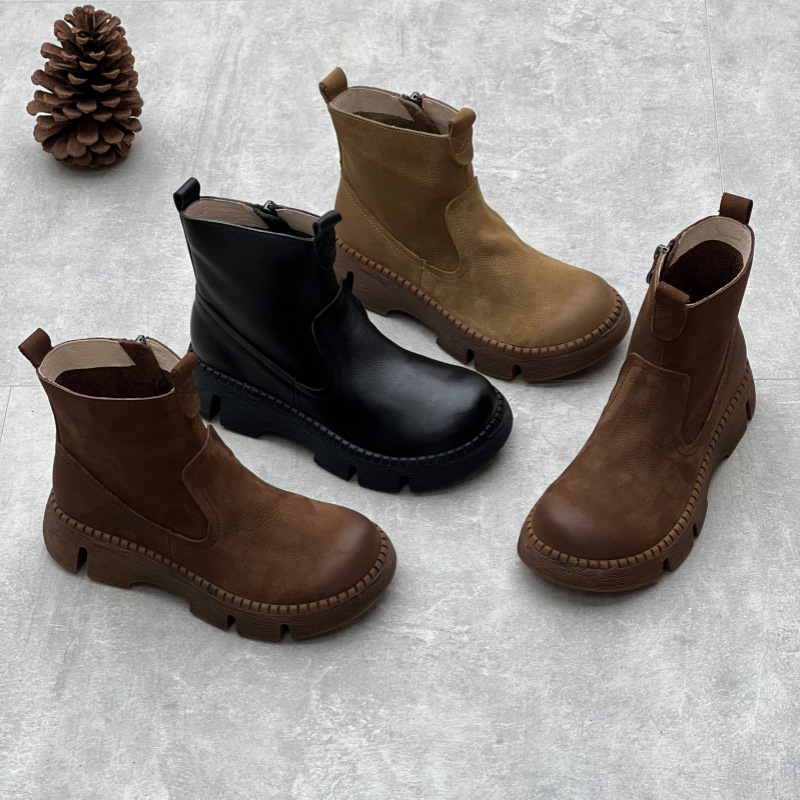 Handmade cowhide thick-soled short boots autumn and winter New retro ethnic style round toe all-Match platform leather women's boots