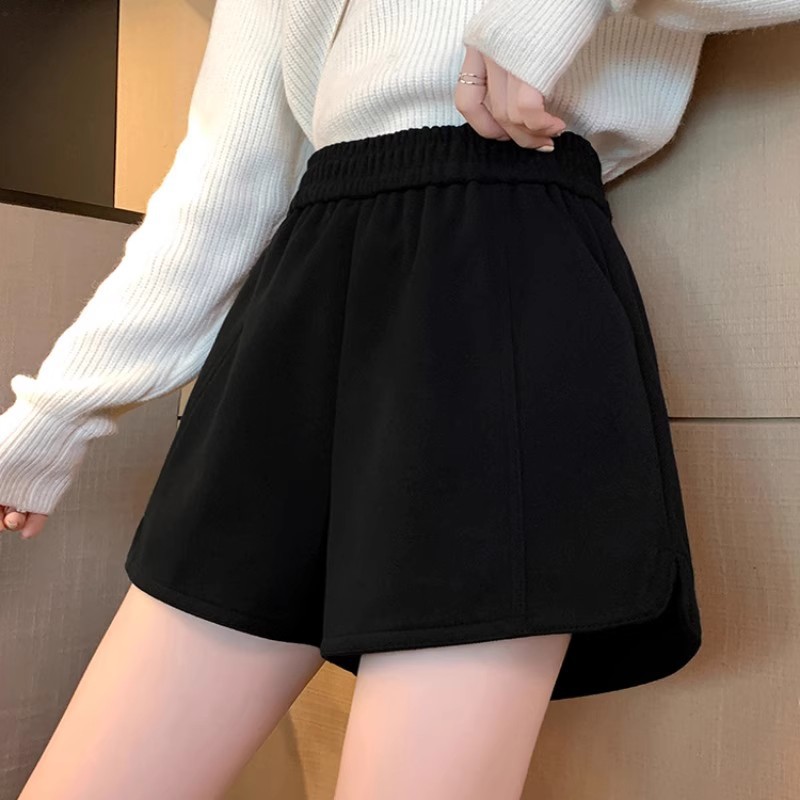 2025 Autumn and Winter Woolen Shorts Women's Elastic High Waist Loose Outerwear Small Wide Leg A-Line Casual Boot Pants
