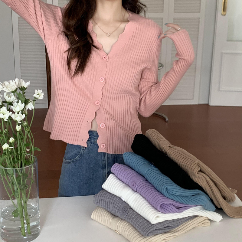 Real Shot Autumn New Korean Style Trendy Collar Core-spun Yarn Slim-fit All-match Base Cardigan Knit Top Women