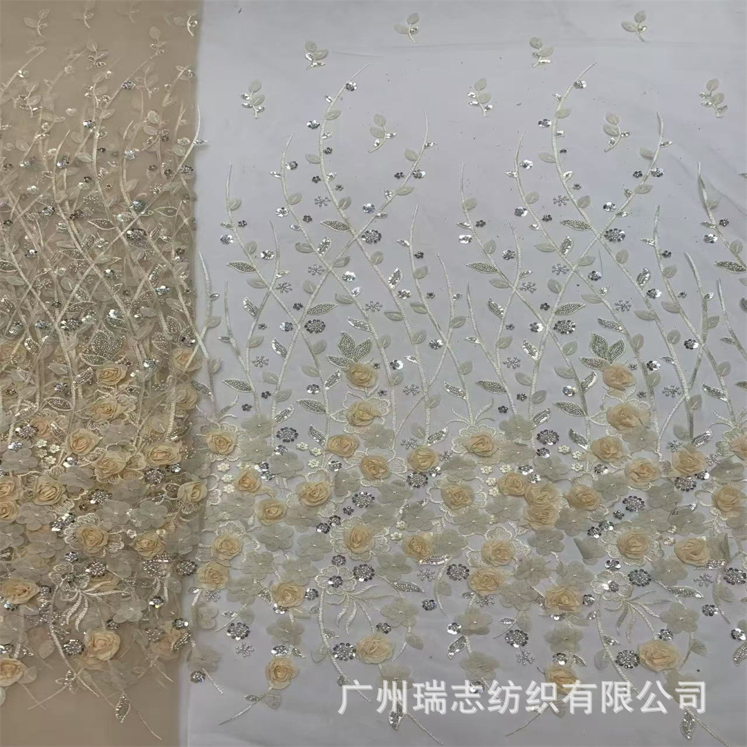 New mesh wedding dress sequins laser three-dimensional lace embroidered cloth dress cheongsam fabric in stock