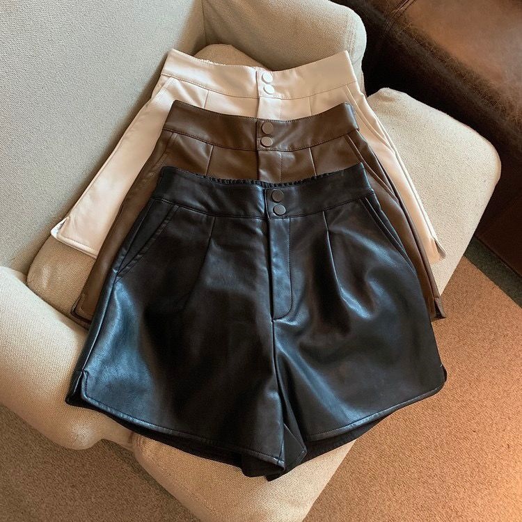 Picture of Black PU leather shorts for women, 2025 new spring/autumn hot girl casual high-waist slimming loose wide-leg shorts