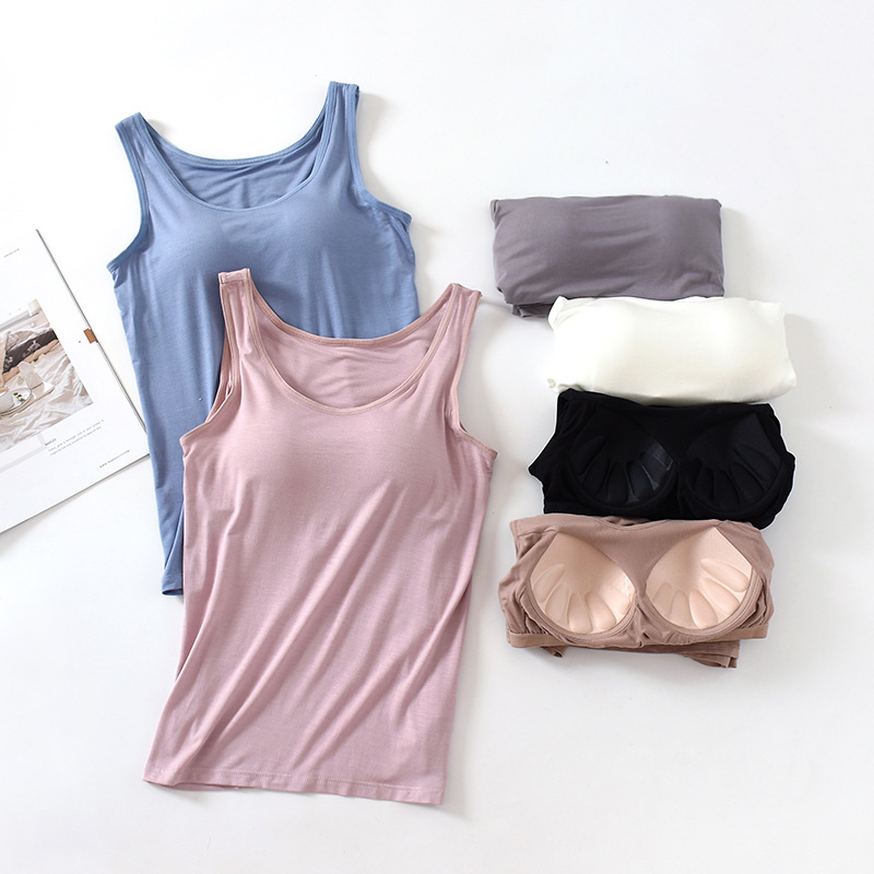 Modal Camisole Vest with Chest Pad No Steel Ring Underwear Base Shirt Women's Cup One-piece Inner Top BRA-T