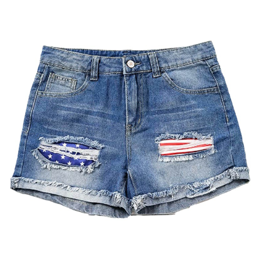 Amazon Wish Cross-Border 2024 European and American New Street Fashion American Independence Day Flag Denim Ripped Shorts