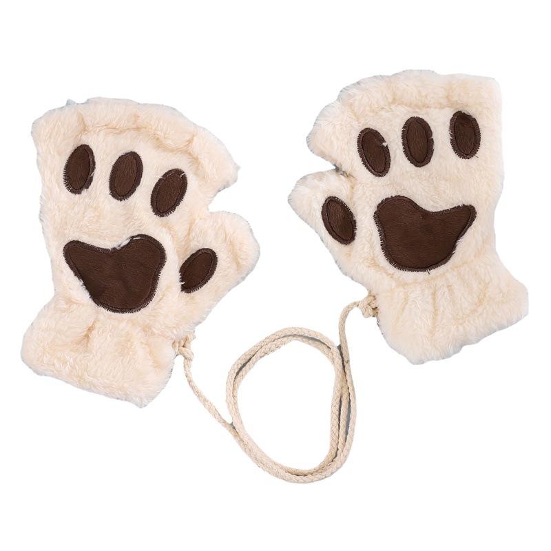 Cartoon cat's claw gloves for men and women in winter Korean-style cute girls open-finger thickened warm bear's paw plush half-finger gloves