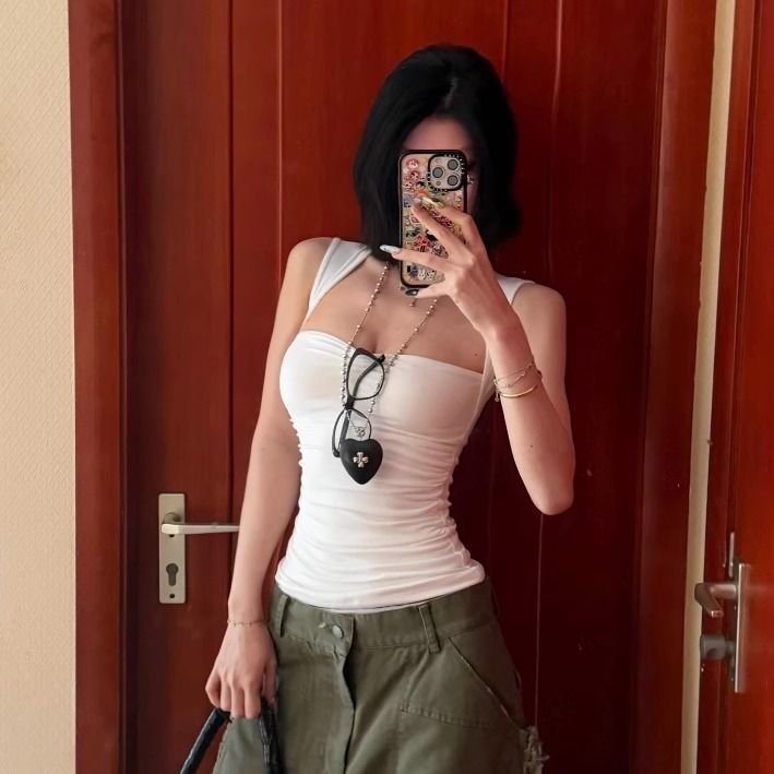 American retro square neck camisole female summer hot girl slim slim waist wears elastic sleeveless underwear
