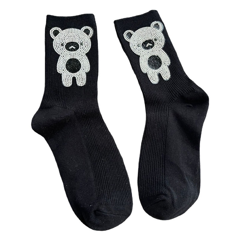 South Korea heavy industry rhinestone Dongdaemun same style online red socks women's hot rhinestone mid-calf socks ins trendy cotton socks black European goods