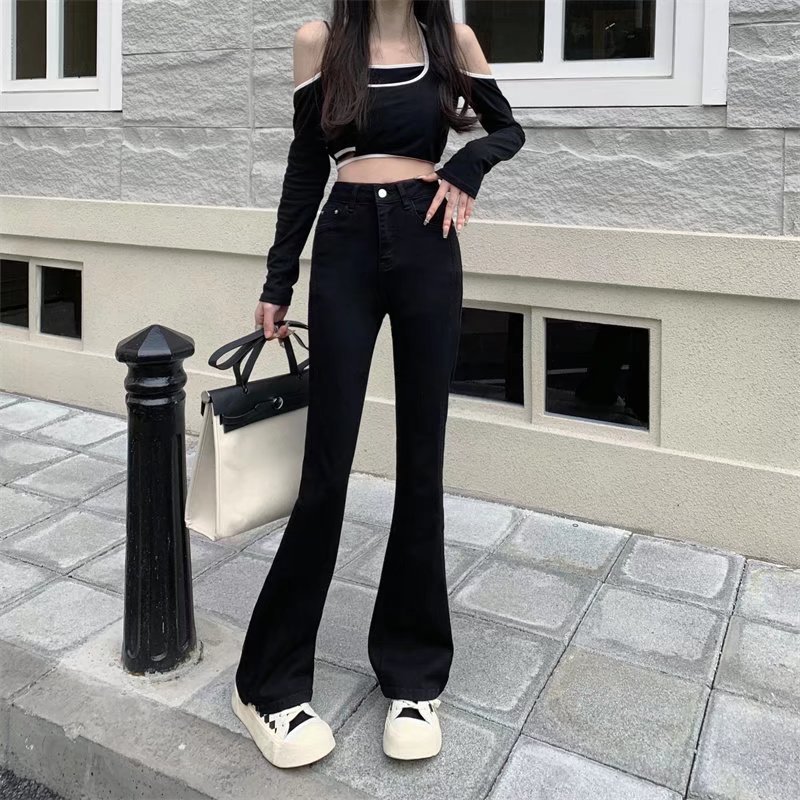 Micro-Flared Jeans for Women in Autumn and Winter New High-Waisted Straight Slim Fit Large Size Fat mm Fleece-Lined Wide-Leg Long Pants