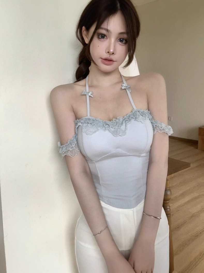 Pure Desire Style Lace Shoulder Neck Bow with Chest Pad T-shirt Women's Summer Spice Girl Outer Wear Slim-fit Top Trendy