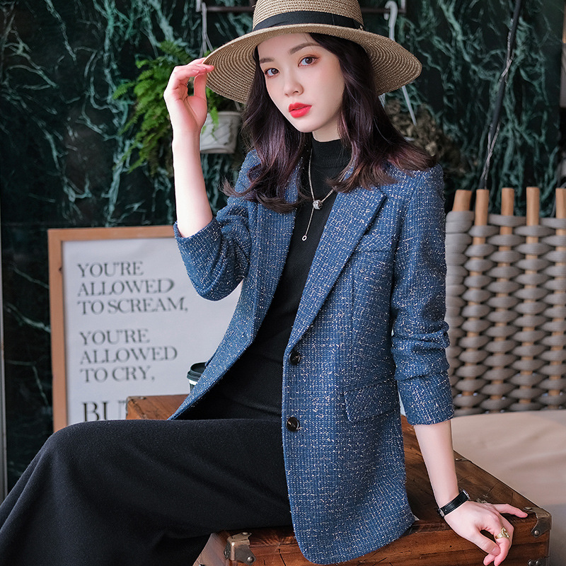 Picture of Autumn and winter leather temperament commuter blue Korean single-breasted suit collar solid color viscose thin temperament clothing