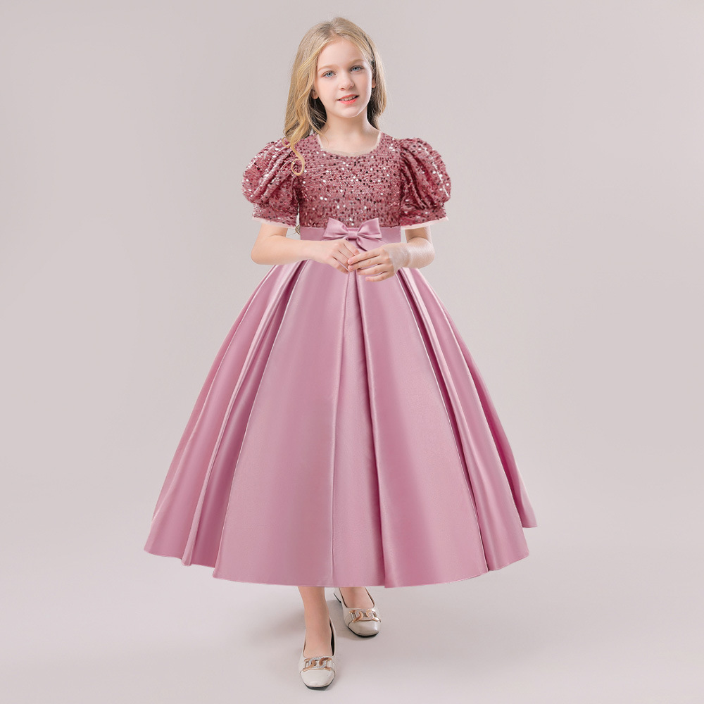Amazon New Arrival Big Girl Dress Princess Dress Fine Shiny Pieces Bubble Sleeve Stitching Satin Puffy Dress in stock